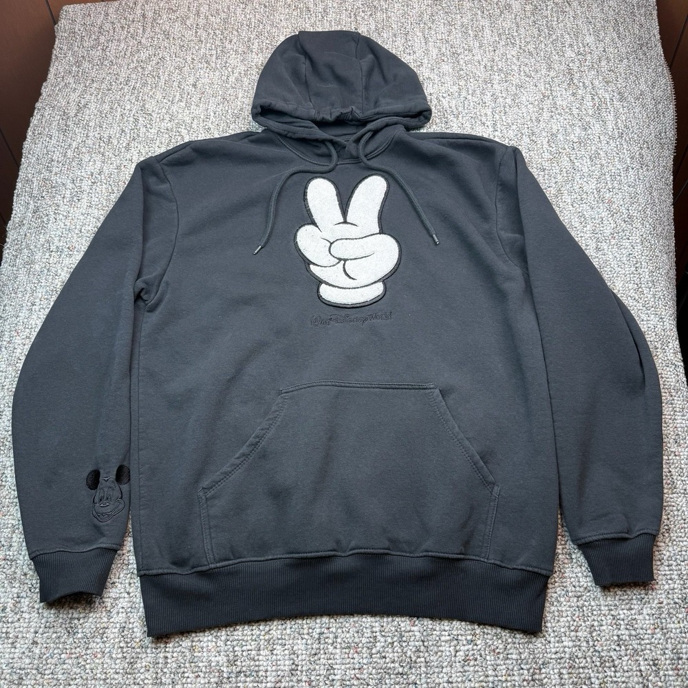 Disney World Parks Peace Sign Hoodie Mens Medium Black Mickey Mouse Glove